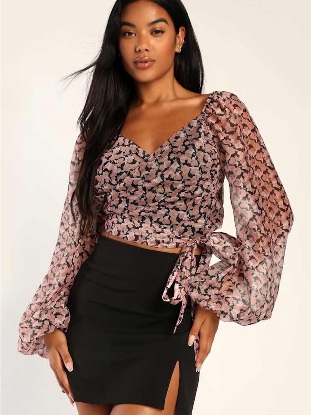 Lulu's Pretty Little Flower Black Floral Print Organza Wrap Crop Top